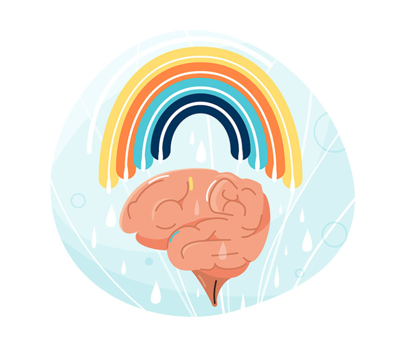 Mental health illustration. Human brain with rainbow over it. Balance positive vibes mind design, creative energy, joy emotion concept isolated on white background.